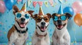 Canine Celebration on a Serene Blue Backdrop: Joyful Dogs Revel in Good Times