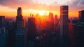 Vibrant Cityscape At Sunset With Skyscrapers And Fiery Sky