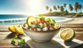 Fresh Tropical Ceviche on Beachside Table, Summer Dining Concept