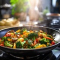 Healthy Stir-Fry Vegetables in Skillet on Stove, AI Generated