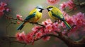 A pair of finch birds perched on a blooming branch,