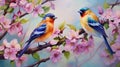 A pair of finch birds perched on a blooming branch Royalty Free Stock Photo