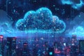 Futuristic AI cloud concept over modern cityscape with binary code rain Royalty Free Stock Photo