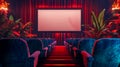 Empty cinema theater with red curtains and blue seats Royalty Free Stock Photo