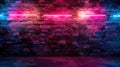 Brick Wall Neon Lights: Vibrant Red and Blue Lighting Effect on Unplastered Texture for Modern Urban Vibes Royalty Free Stock Photo