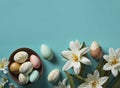 Colorful easter eggs and bunches of white lilies on isolated teal background with copyspace, Easter holiday symbol, generative AI Royalty Free Stock Photo