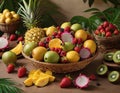 This vibrant image features a lush arrangement of tropical fruits and berries