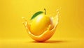 Mango surrounded by juice splash on yellow background Royalty Free Stock Photo