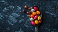 Colorful Tablets in Spoon on Black Background - Top View Royalty Free Stock Photo
