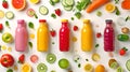 Colorful bottles of fresh juice lined up with fruits and vegetables spread around. Bright and vibrant style, perfect for