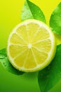Fresh lemon slice with green leaves on yellow background Royalty Free Stock Photo