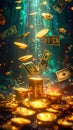Abundant Wealth Flowing, Golden Coins and Money Raining Down Royalty Free Stock Photo