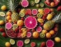 In this vibrant image, a lush arrangement of tropical fruits and berries adorns the table,