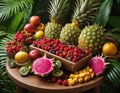 In this vibrant image, a lush arrangement of tropical fruits and berries adorns the table,