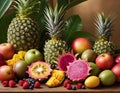 In this vibrant image, a lush arrangement of tropical fruits and berries adorns the table,