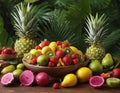 In this vibrant image, a lush arrangement of tropical fruits and berries adorns the table,