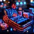 A vibrant image of modern technology in a nightlife setting, showcasing a smartphone displaying blue neon graphics Royalty Free Stock Photo