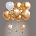 Metallic Gold and Brilliant White Balloons Flying Against a Neutral Gray Background