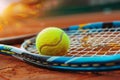 Close-up of Tennis Ball on Racket on Clay Court: A Perfect Shot for Sports and Active Lifestyle Themes. Genrative Ai Royalty Free Stock Photo