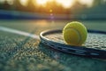 Close-up of Tennis Ball on Racket on Clay Court: A Perfect Shot for Sports and Active Lifestyle Themes. Genrative Ai Royalty Free Stock Photo