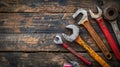 Mechanic Tools and USA Flag on Wooden Background Celebrating Labor Day, a National Holiday