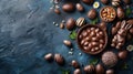 Sweet Treats: Colorful Chocolate Easter Eggs and Bunny on Dark Blue Background Royalty Free Stock Photo