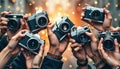 A group of hands holding various cameras against a blurred background Royalty Free Stock Photo