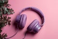 Ai Generative Purple headphones on pink background. Music concept. Top view