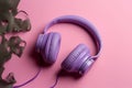 Ai Generative Purple headphones on pink background. Music concept. Top view