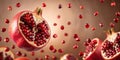 A vibrant image showcasing the juicy, ruby-red arils of a halved pomegranate, suspended in mid-air with scattered seeds creating a Royalty Free Stock Photo