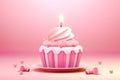 Celebratory Pink Cupcake with a Lit Candle Royalty Free Stock Photo