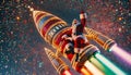 Santa Claus riding a rocket ship, illuminated against a vibrant starry background.Generative AI