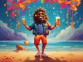 Fantasy illustration of person with beer on the beach full of color