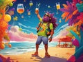 Fantasy illustration of person with beer on the beach full of color