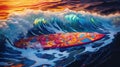 Vibrant image of a surfboard in the ocean against a backdrop of crashing waves, AI-generated.