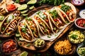 A vibrant image of a taco platter with assorted fillings, including grilled chicken, carnitas, and fresh salsa