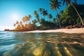 Vibrant image of a tropical island with lush palm trees, white sandy beaches, and clear blue skies, representing paradise and Royalty Free Stock Photo