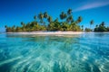 Vibrant image of a tropical island with lush palm trees, white sandy beaches, and clear blue skies, representing paradise and Royalty Free Stock Photo