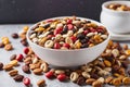 Colorful trail mix in a white bowl Royalty Free Stock Photo