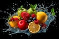 Vibrant immersion, multi fruits and vegetables in clear water splash
