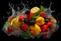 Vibrant immersion, multi fruits and vegetables in clear water splash