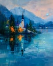 Vibrant Impasto Oil Painting of Bled Lake and Castle - Night Scene in Spring - Church on a Lake