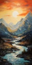 Vibrant Impasto: Tranquil River Painting With Mountains In Warm Color Palette Royalty Free Stock Photo