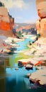 Vibrant Acrylic Painting Of Canyon River With People