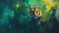Vibrant impressionist portrait of a tiger in a colorful jungle setting with space for text. Generative AI