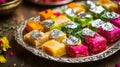 Vibrant Indian Barfi Sweets Garnished with Edible Silver Leaf Royalty Free Stock Photo