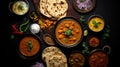 Vibrant Indian Curries and Naan Arranged on a Black Background. Generative AI