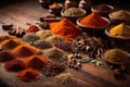 Vibrant Indian Flavors on a Rustic Wooden Table. Traditional Indian spices.