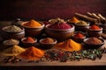 Vibrant Indian Flavors on a Rustic Wooden Table. Traditional Indian spices.