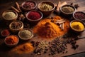 Vibrant Indian Flavors on a Rustic Wooden Table. Traditional Indian spices.